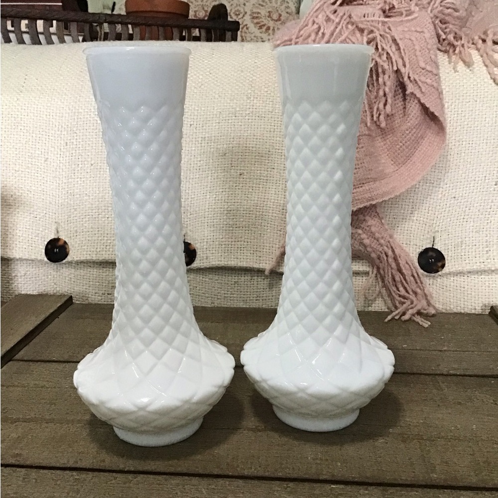 Set of Two White Milk Glass Lattice Bud Vases